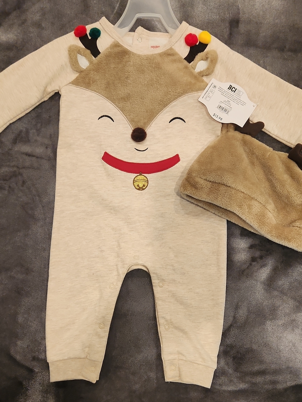 Holiday Time Beige Reindeer One-Piece with Red Collar Accent